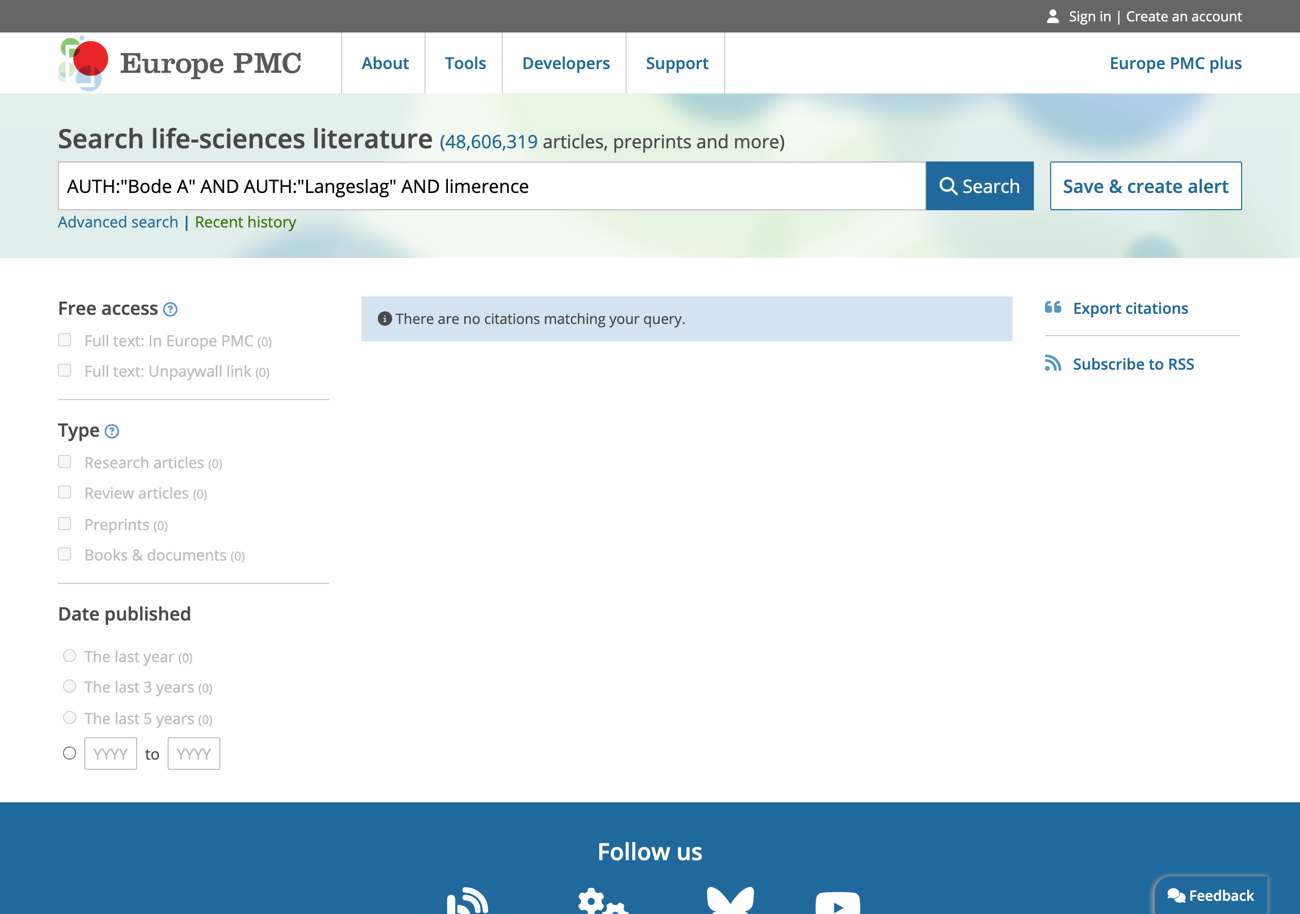 Europe PMC search results for Bode A AND Langeslag AND limerence, showing no citations matching the query