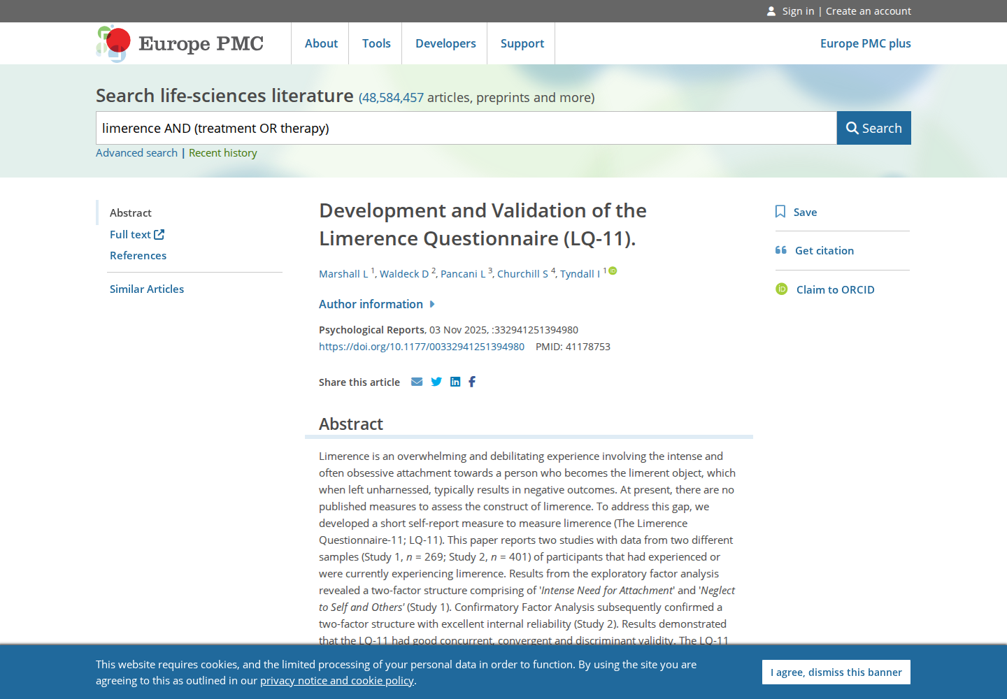 Europe PMC record for the Limerence Questionnaire LQ-11 validation study