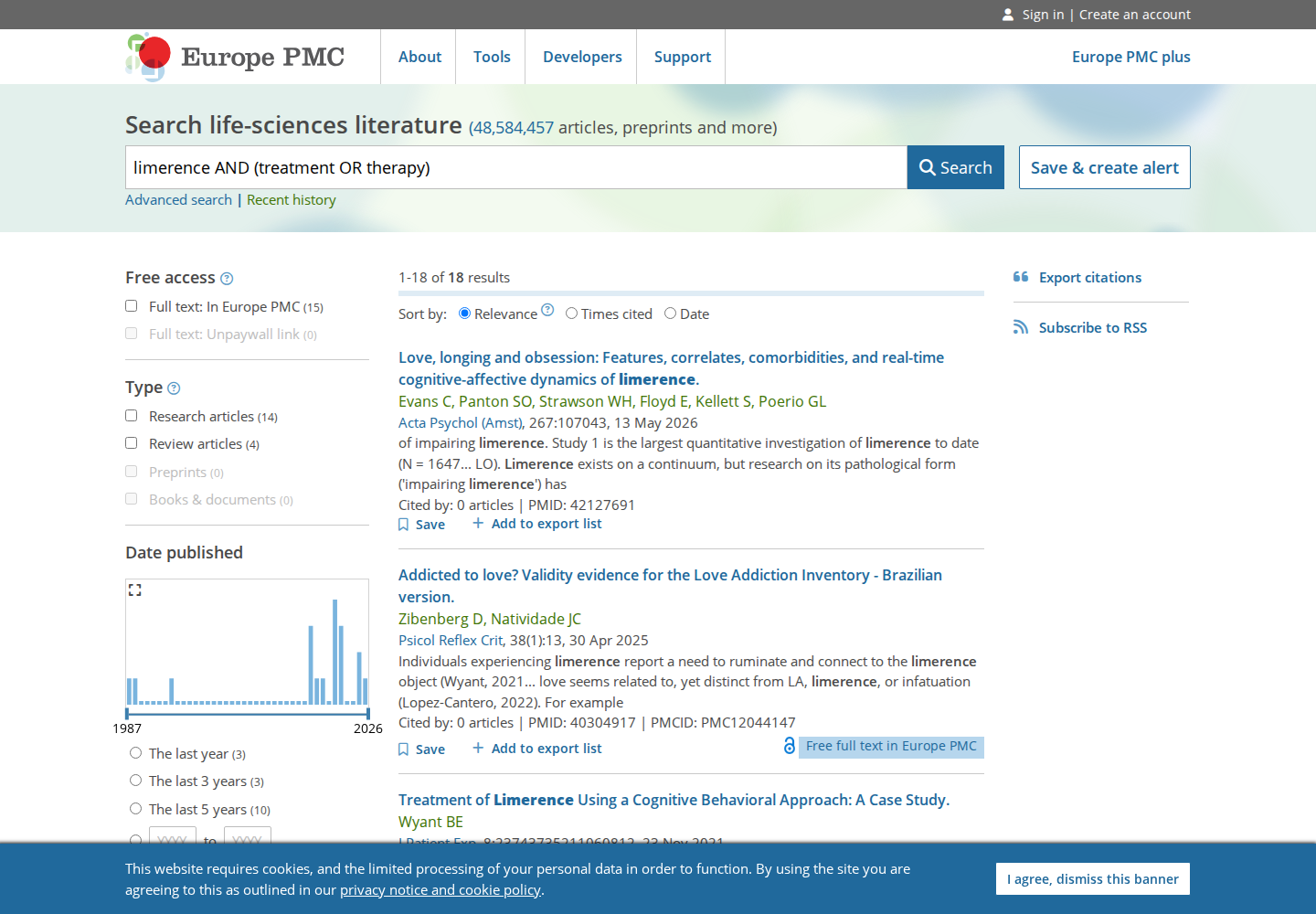 Europe PMC search for limerence AND treatment OR therapy, showing 18 results