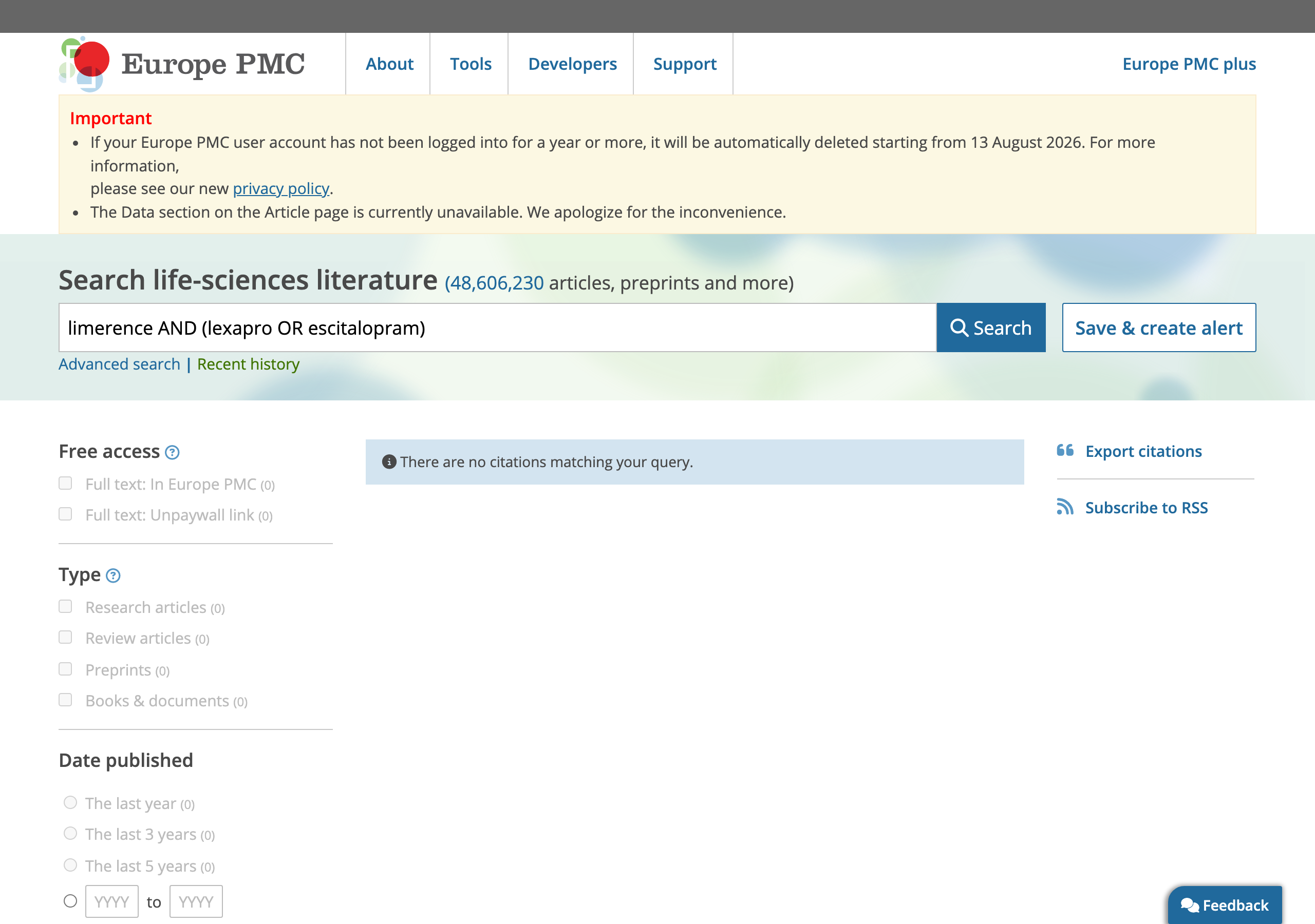 Europe PMC search results for limerence and lexapro or escitalopram, showing no citations