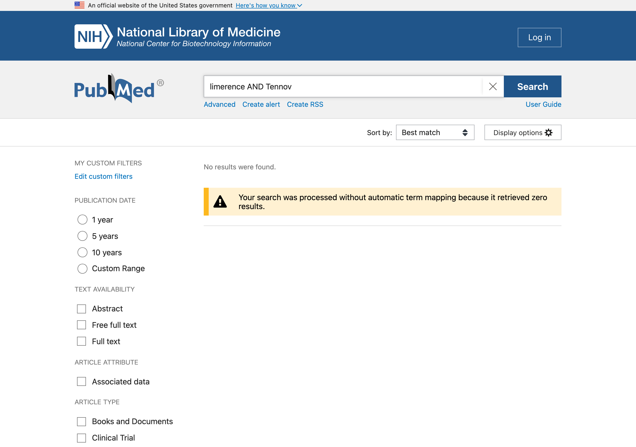 PubMed search results for limerence AND Tennov, showing no results found