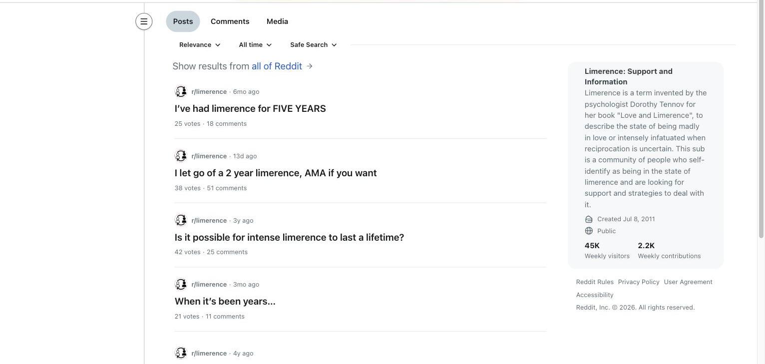 Real r/limerence search results for 'limerence for years', showing the community discussing multi-year cases