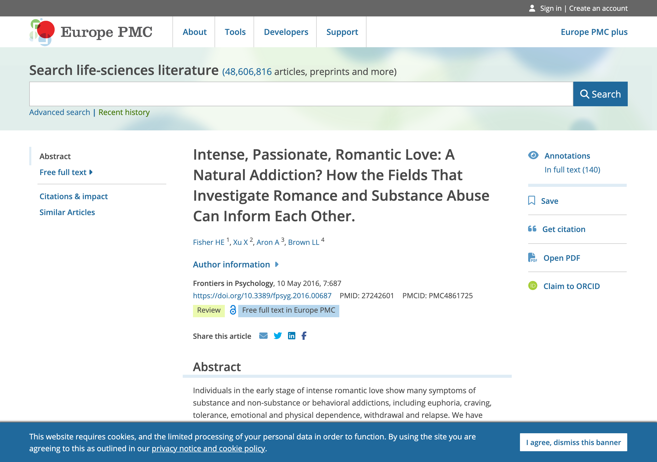 Europe PMC record for Fisher, Xu, Aron and Brown's 2016 review framing intense romantic love as a natural addiction