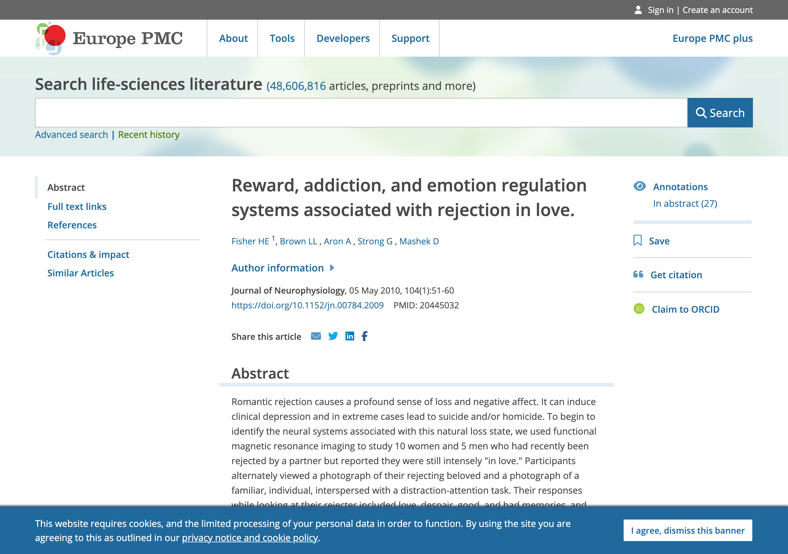 Europe PMC record for Fisher et al.'s 2010 fMRI study of romantic rejection and reward/addiction brain regions