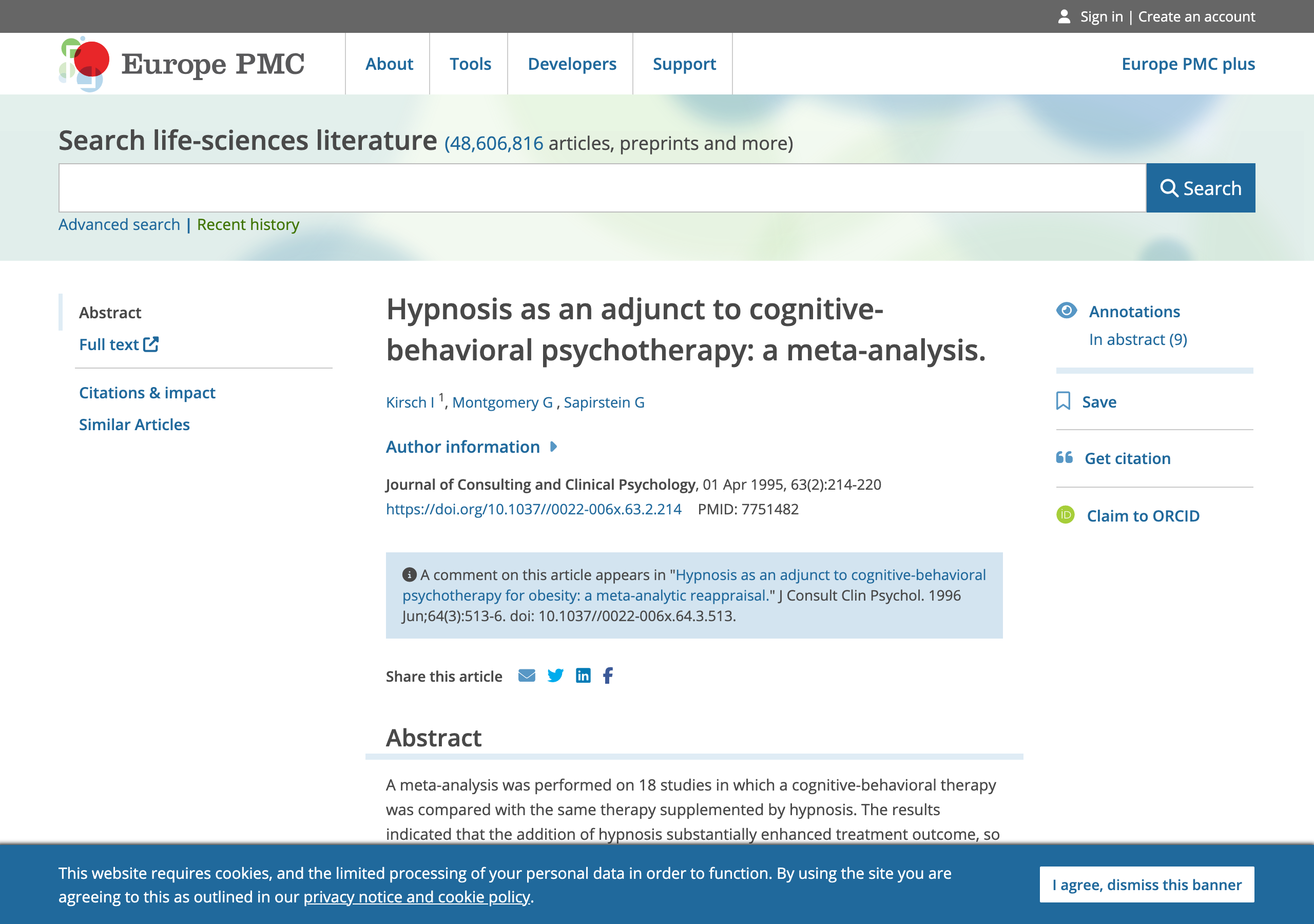 Europe PMC record for Kirsch, Montgomery and Sapirstein's 1995 meta-analysis of hypnosis as an adjunct to cognitive-behavioral psychotherapy