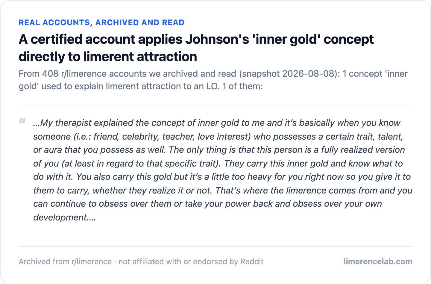 Certified Reddit account applying 'inner gold' metaphor to explain limerent attraction as carrying/giving gold to an LO