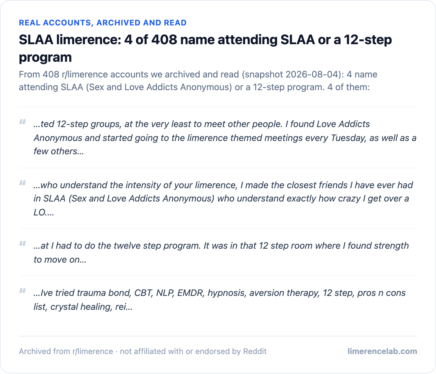 Real archived r/limerence accounts naming SLAA or a 12-step program