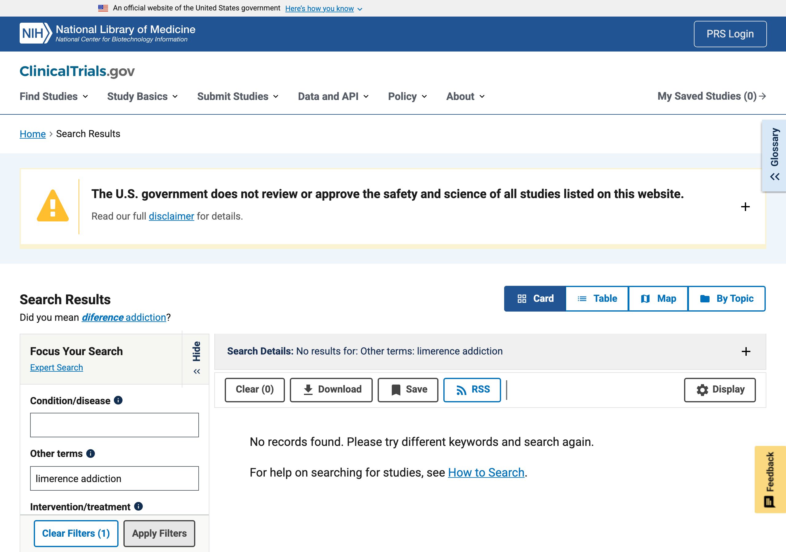 ClinicalTrials.gov search results for limerence addiction, showing no records found