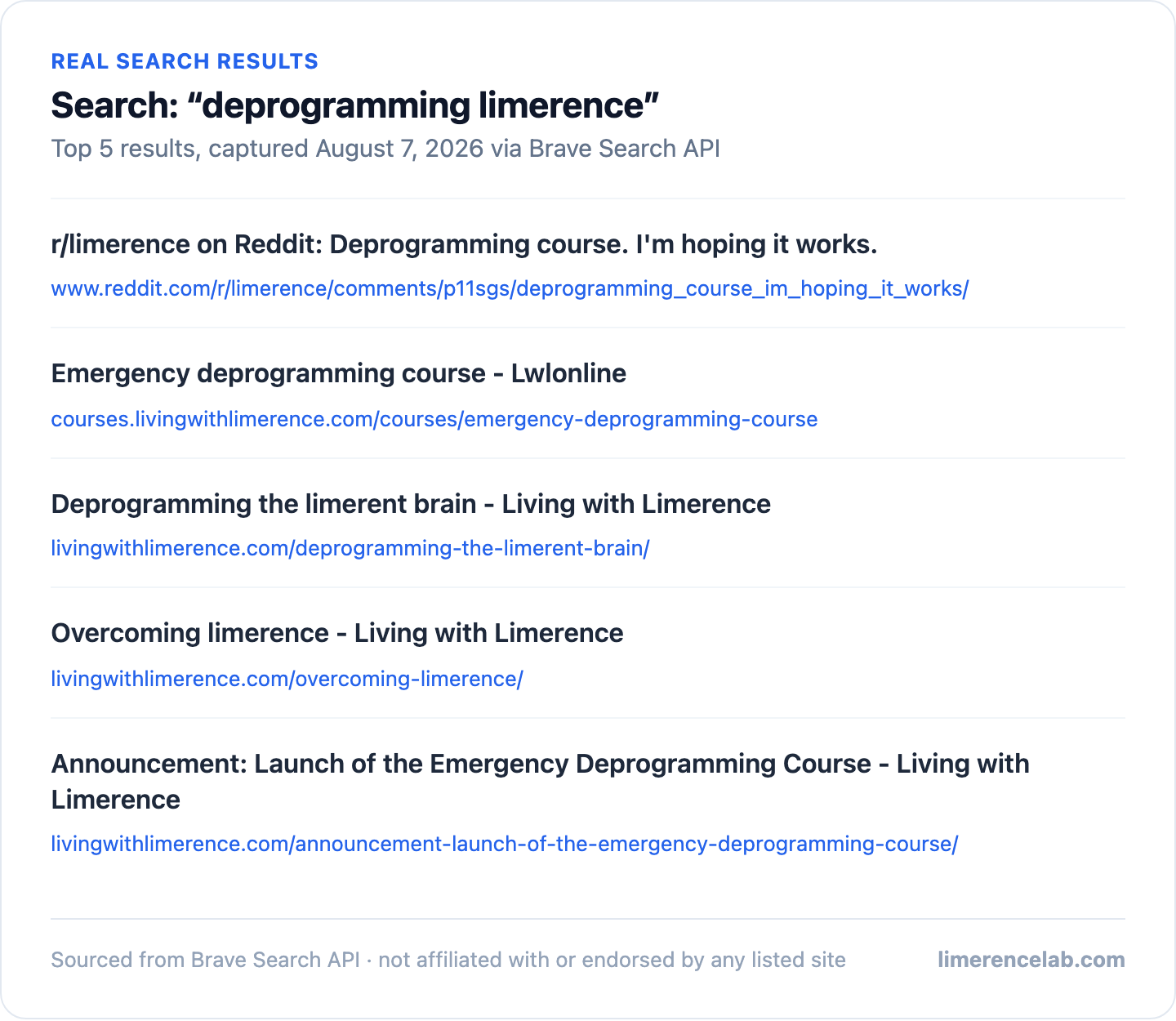 Real search results for "deprogramming limerence", including a real r/limerence post title