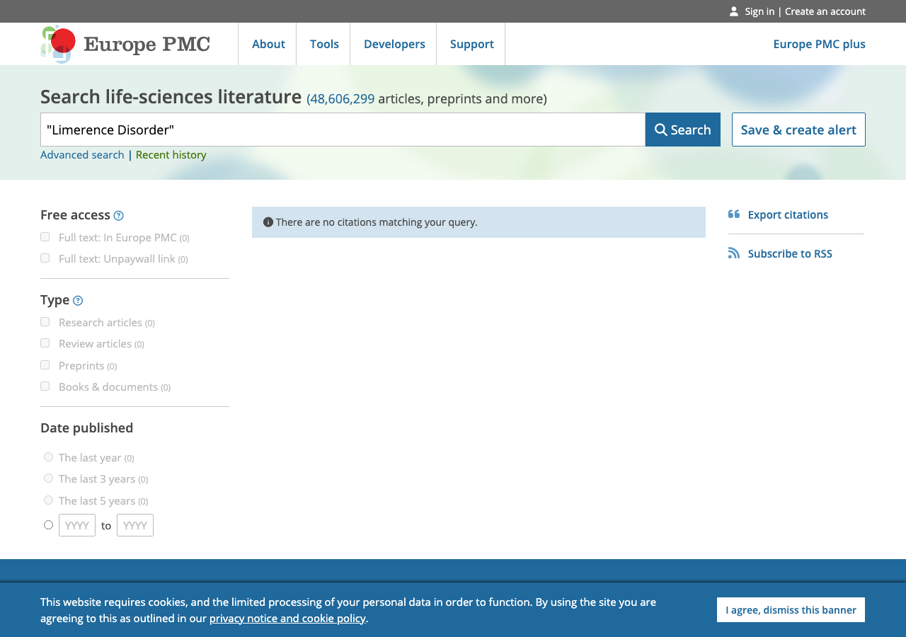 Live EuropePMC search for 'Limerence Disorder' showing no matching results