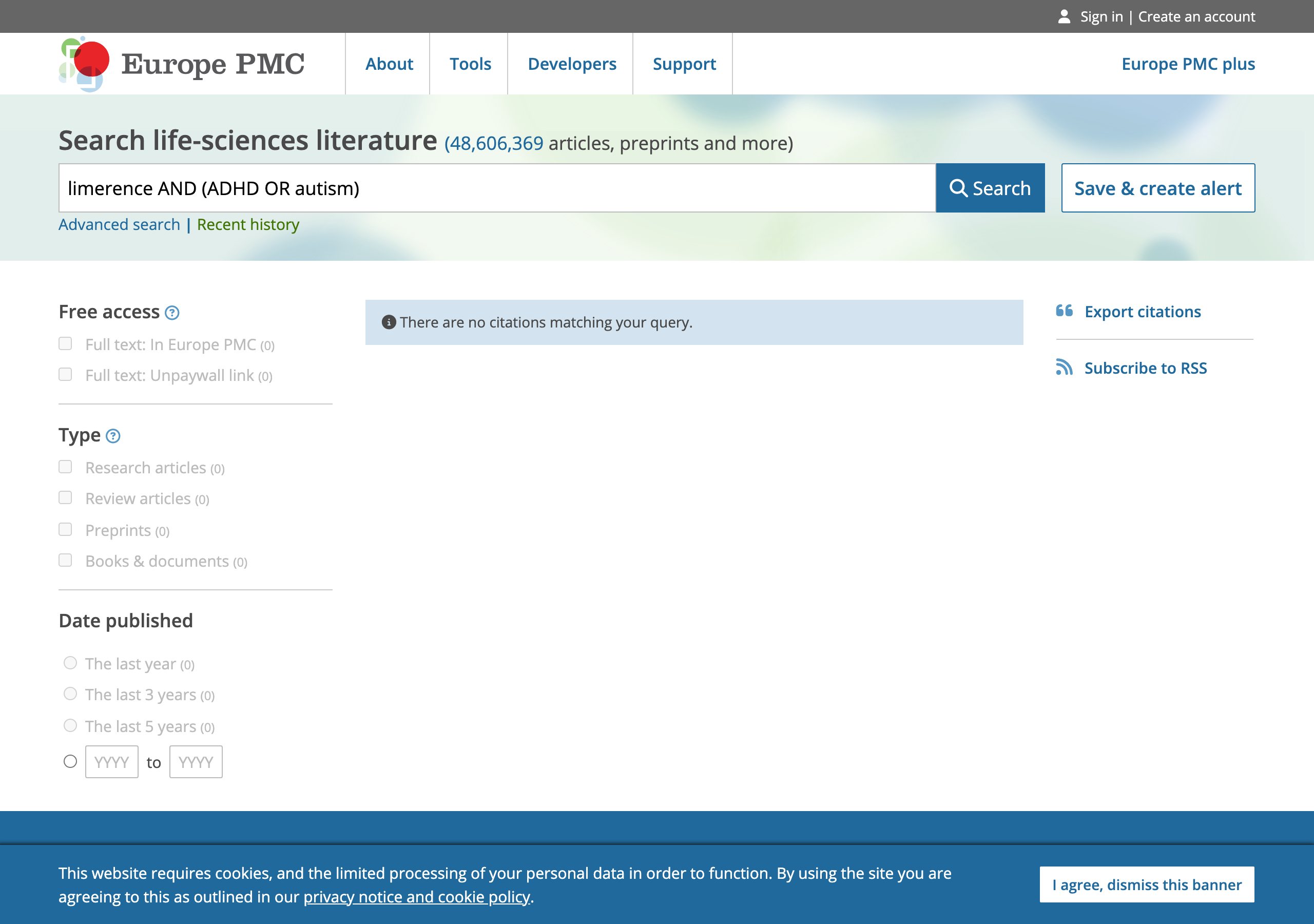 Europe PMC search results for limerence and ADHD or autism, showing no citations