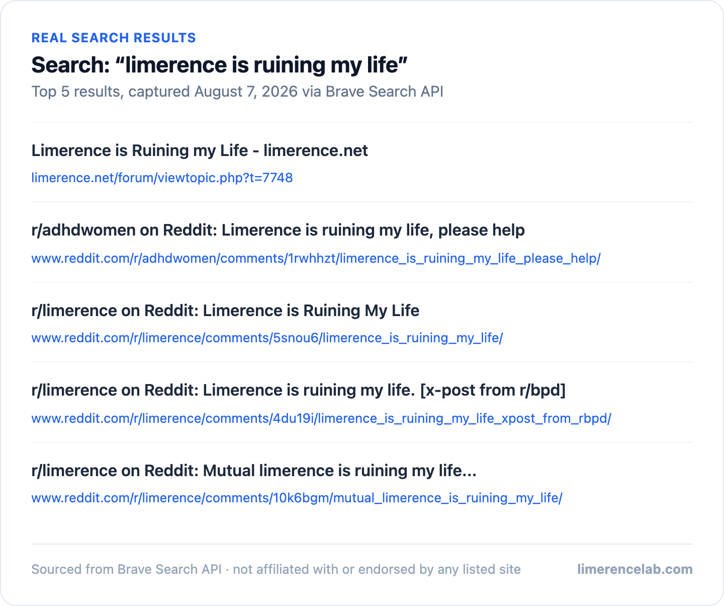 Search results for the exact phrase "limerence is ruining my life", showing 5 real threads with titles and links, fetched via Brave Search API.