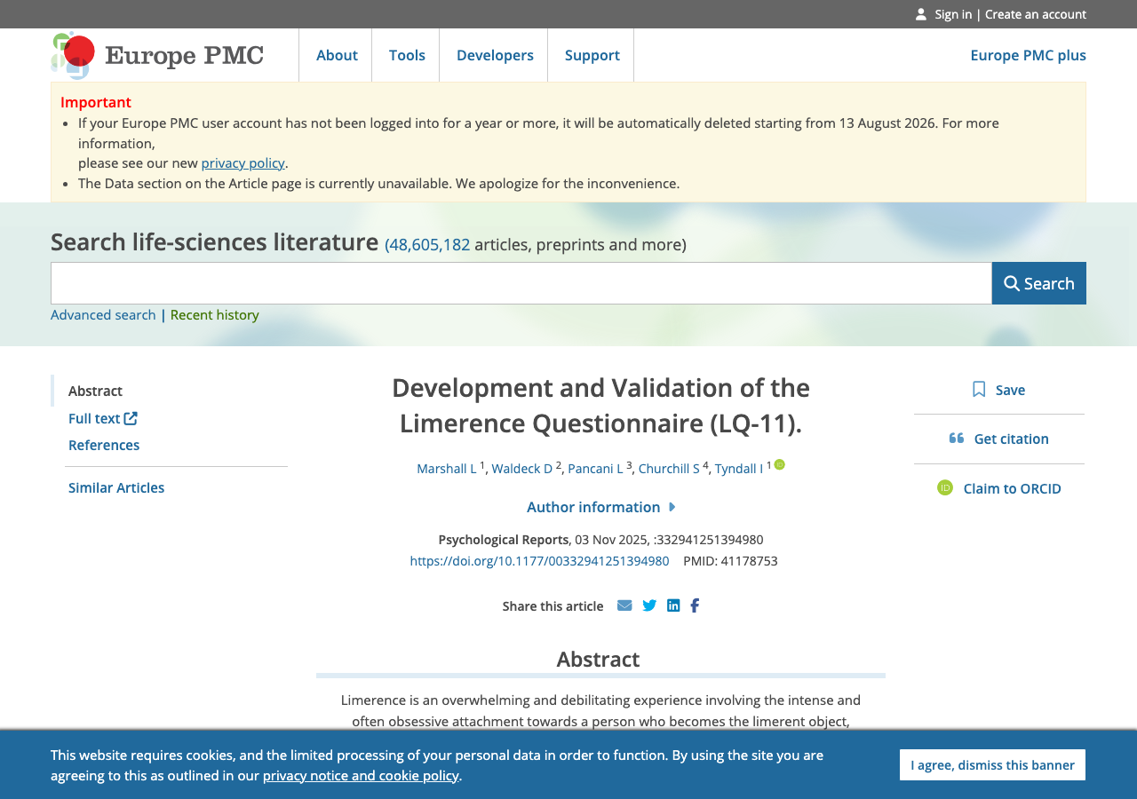 Europe PMC page for "Development and Validation of the Limerence Questionnaire (LQ-11)," showing the paper title, authors, journal, and abstract.