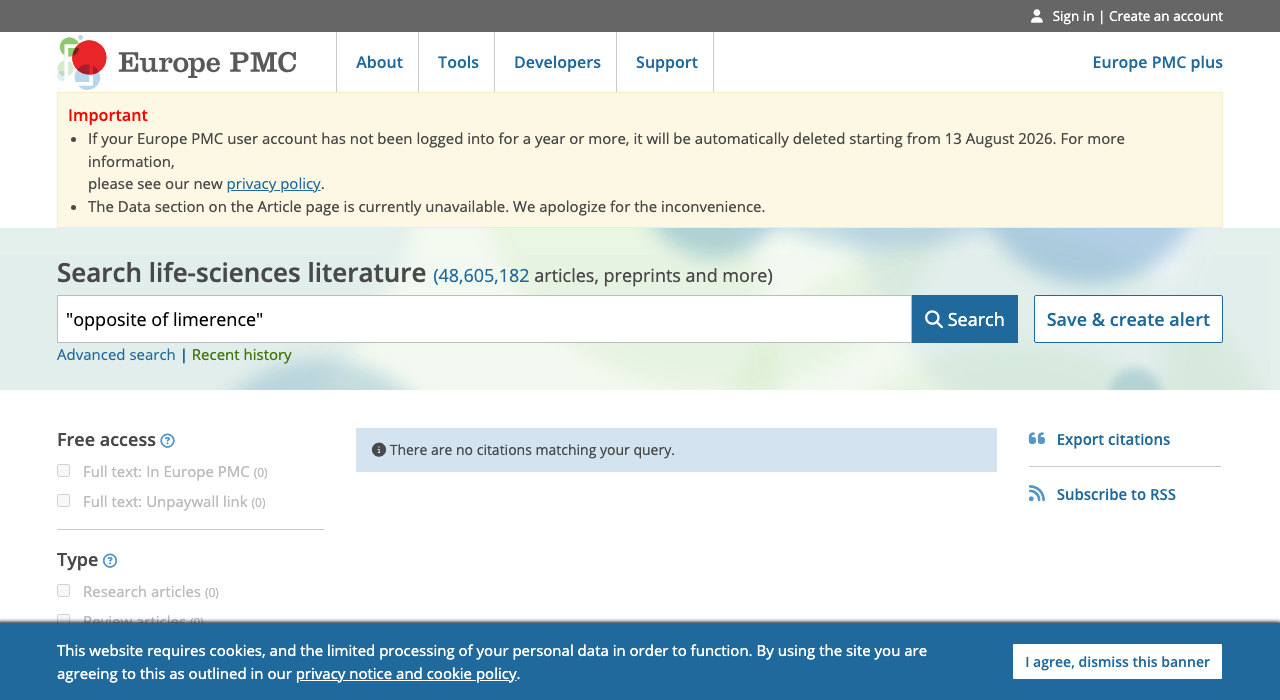 Europe PMC search results for the exact phrase "opposite of limerence," showing zero matching citations.