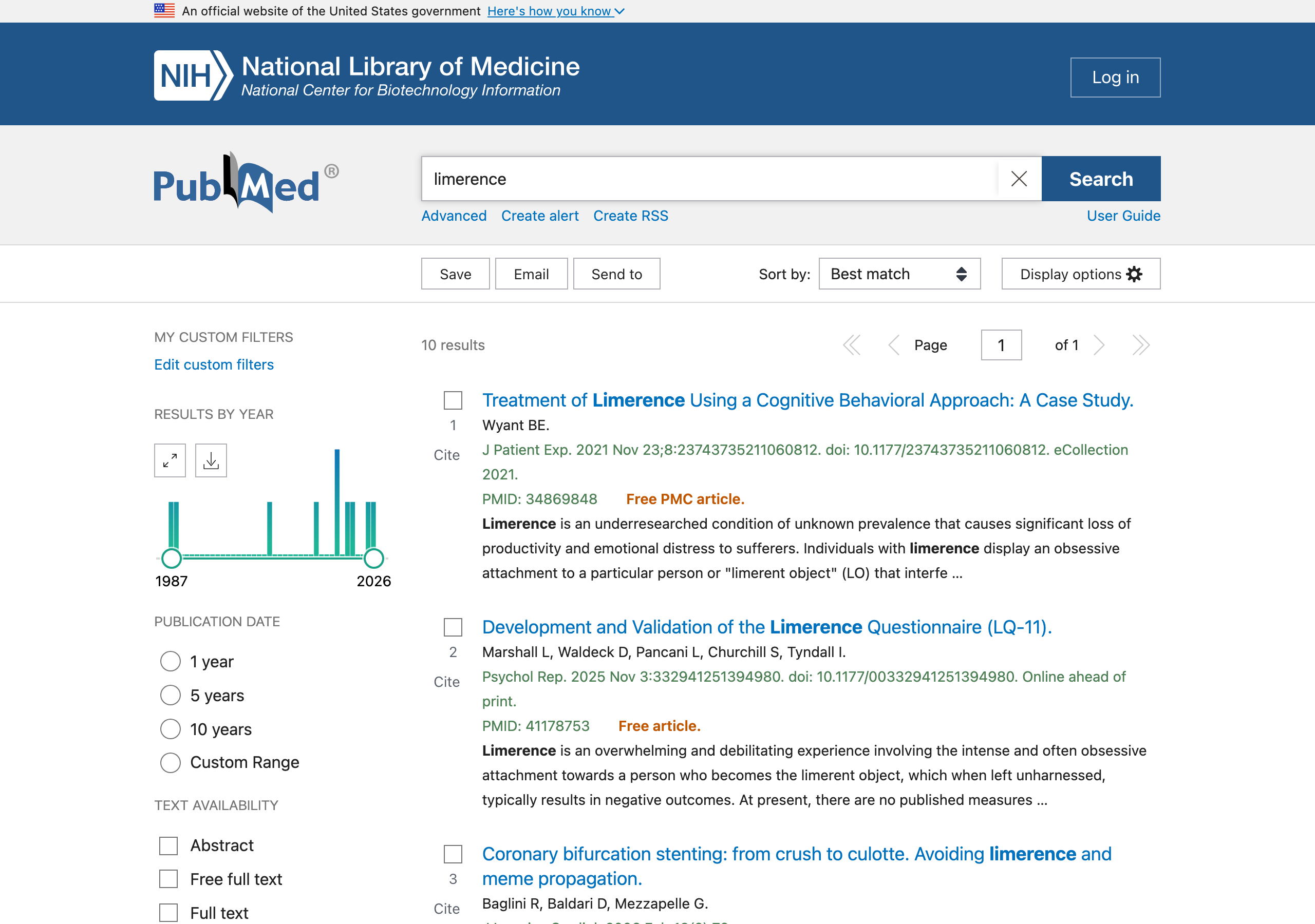 PubMed search results page for the term limerence, showing 10 results including the single-patient case study.