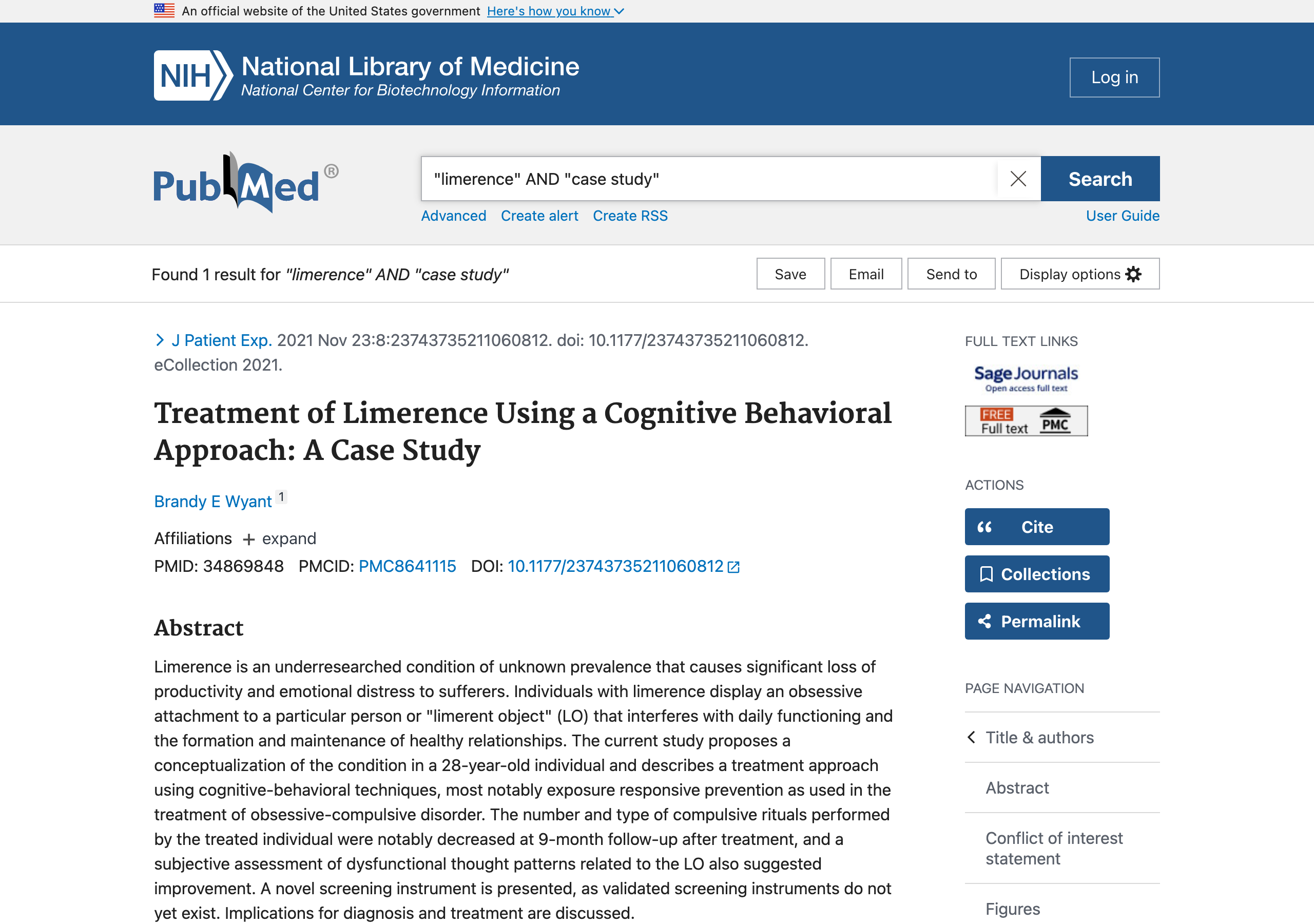 PubMed search results for limerence AND case study, showing exactly 1 matching result