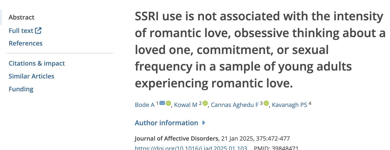 Europe PMC record: Bode et al. 2025, SSRI use not associated with romantic love intensity or obsessive thinking about a loved one