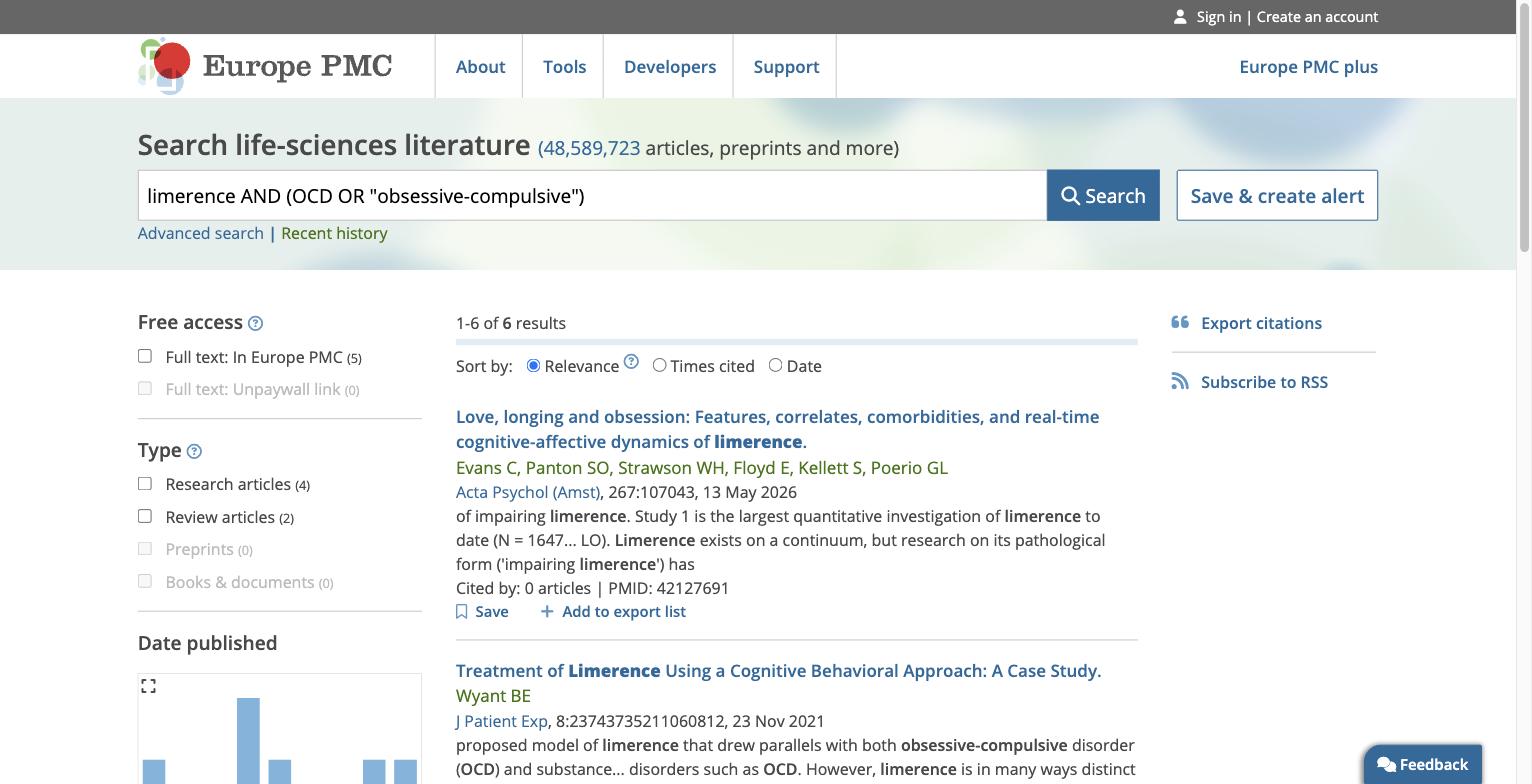 Europe PMC search results for limerence and OCD, showing 6 results