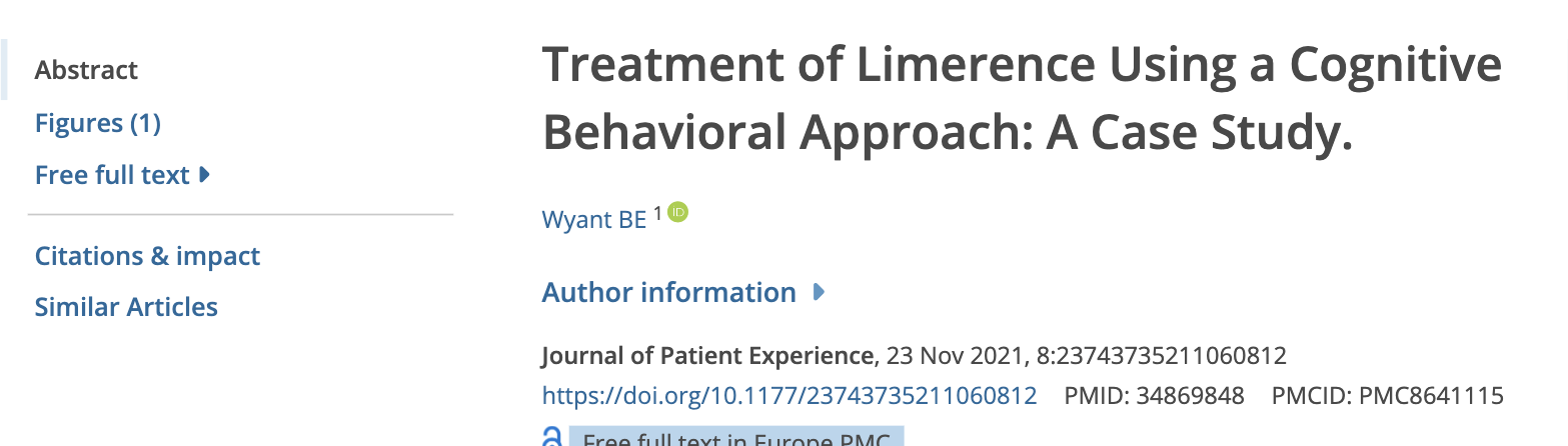 Europe PMC record: Wyant 2021, Treatment of Limerence Using a Cognitive Behavioral Approach, a single-patient case study