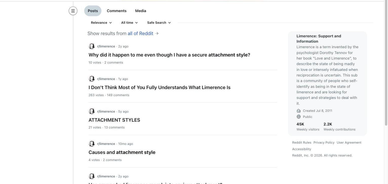 r/limerence search results for attachment style, including a post asking why limerence happened despite having a secure attachment style