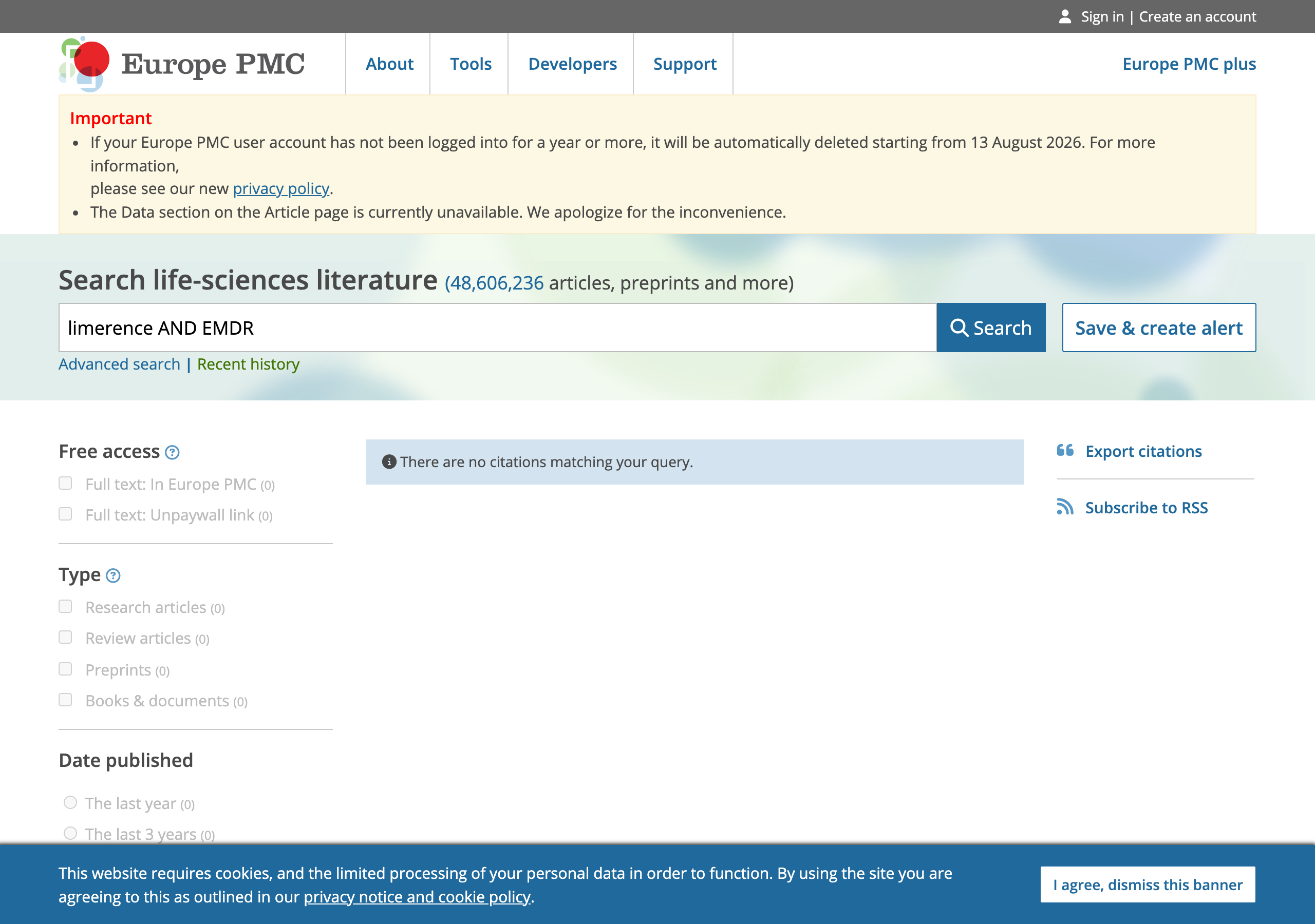 Europe PMC search results for limerence and EMDR, showing no citations
