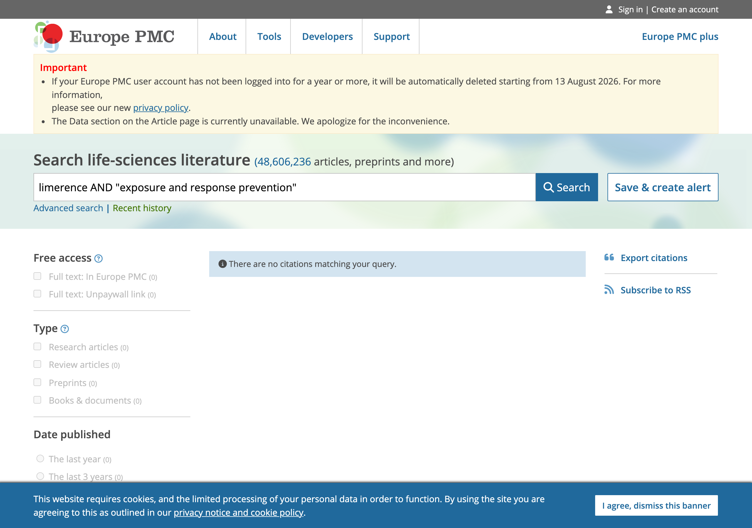 Europe PMC search results for limerence and exposure and response prevention, showing no citations