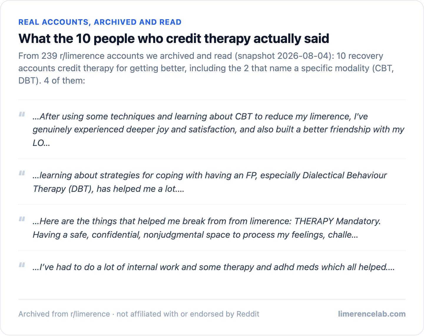 Four real archived accounts crediting therapy for getting better, including the two named-modality credits