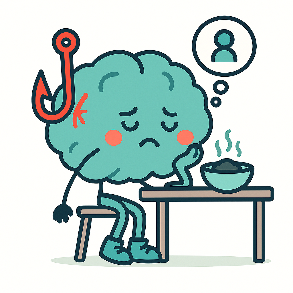 Cortex distracted at a table, food gone cold